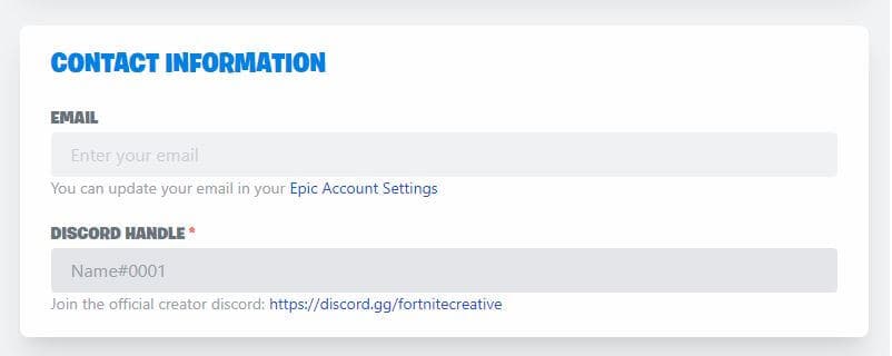 Informations de contact du formulaire de proposition d'îles du mode Créatif de Fortnite