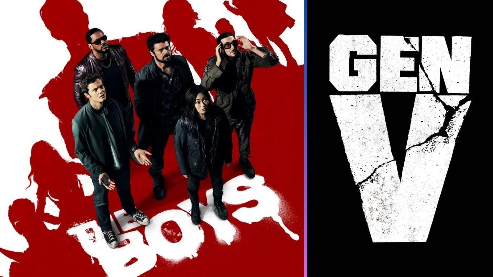 les boys marchent sur l'ombre rouge des Supers et regardent vers le haut dans l'affiche de la saison 2, à côté du logo de gen v