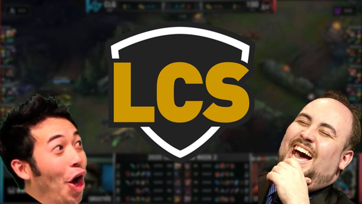 Emotes twitch PogChamp et LUL sur un fod de game LCS