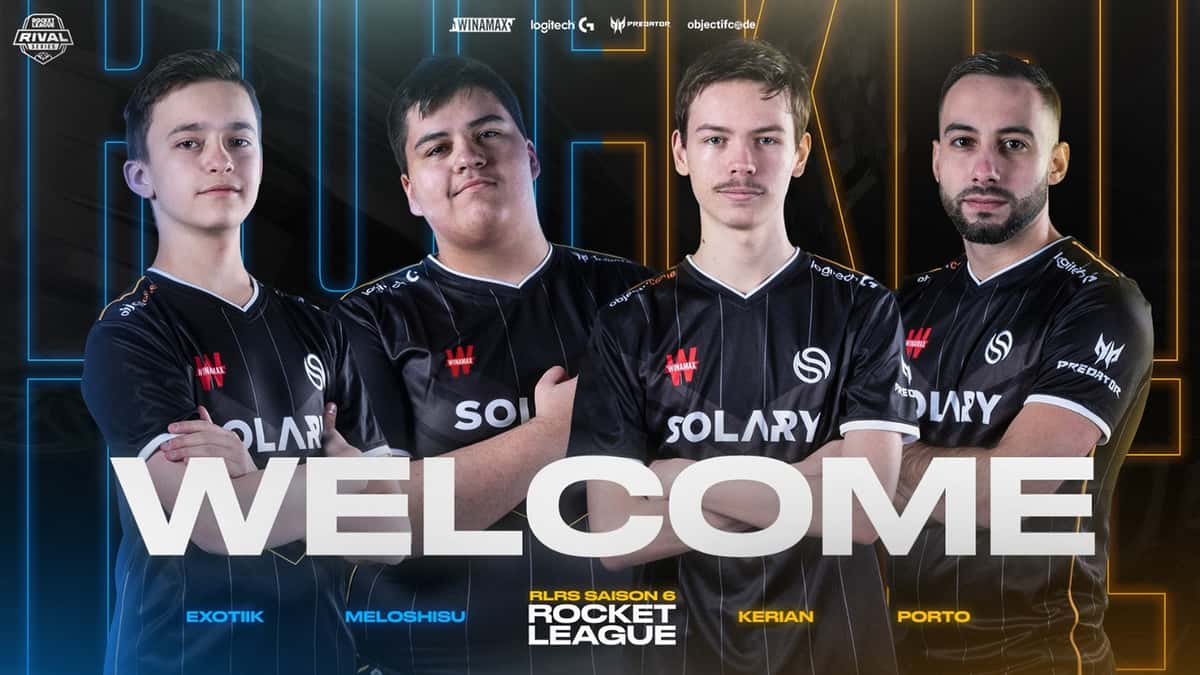 ExoTiiK, Meloshisu, Kérian et Porto portant les couleurs de l'équipe Solary sur Rocket League