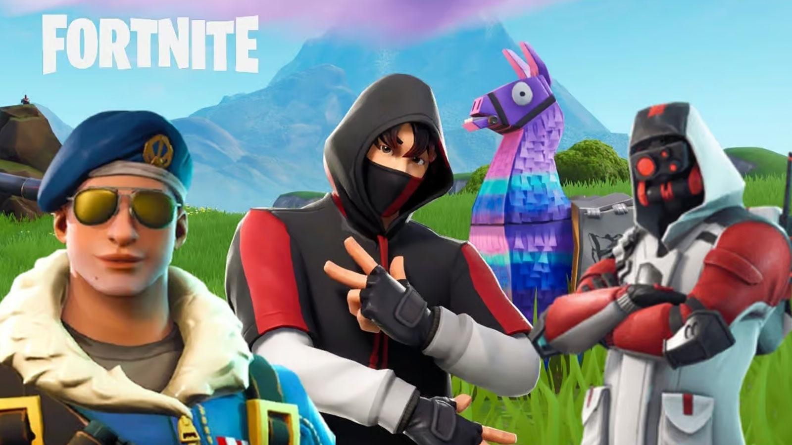 Différents skins Fortnite avec un lama en arrière-plan