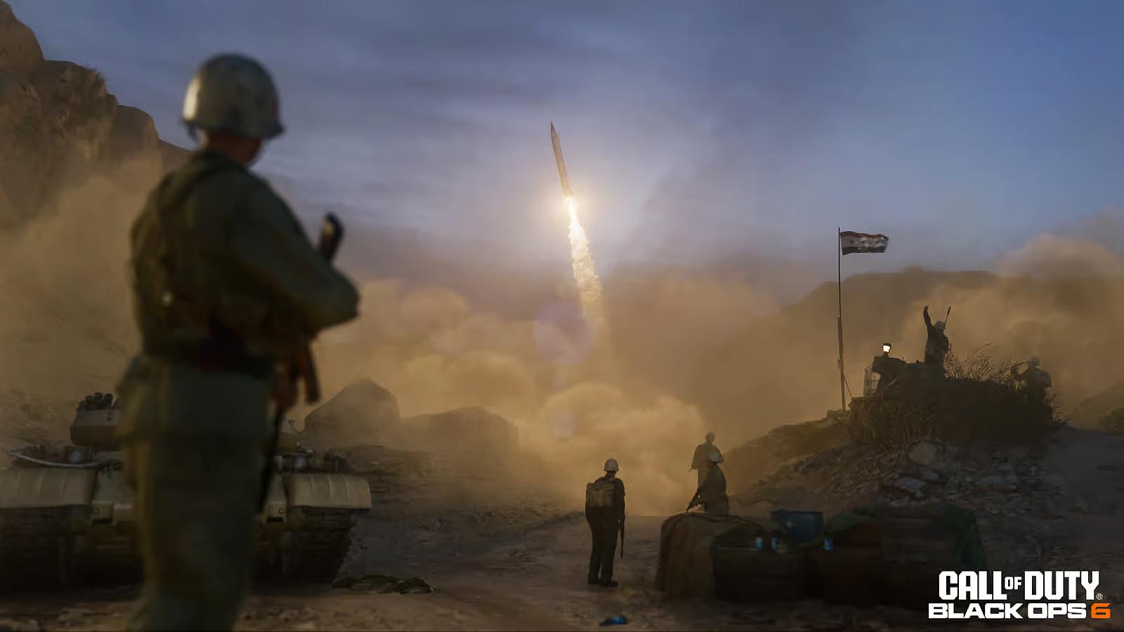 Personnages de Black Ops 6 qui regardent un missile lancé dans les airs