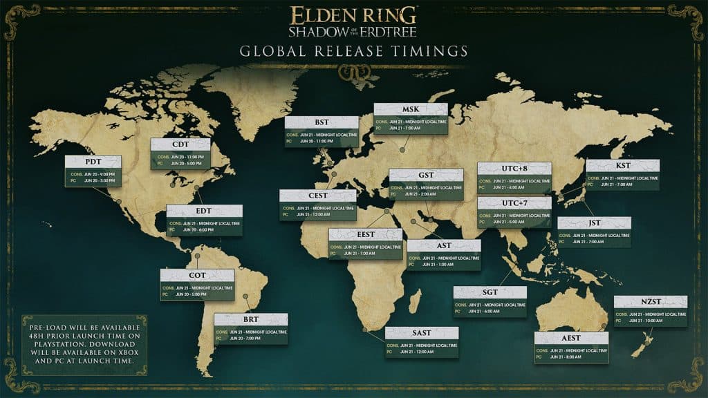 Carte avec les heures de sortie, par pays/zone géographique du DLC Elden Ring Shadow of the Erdtree