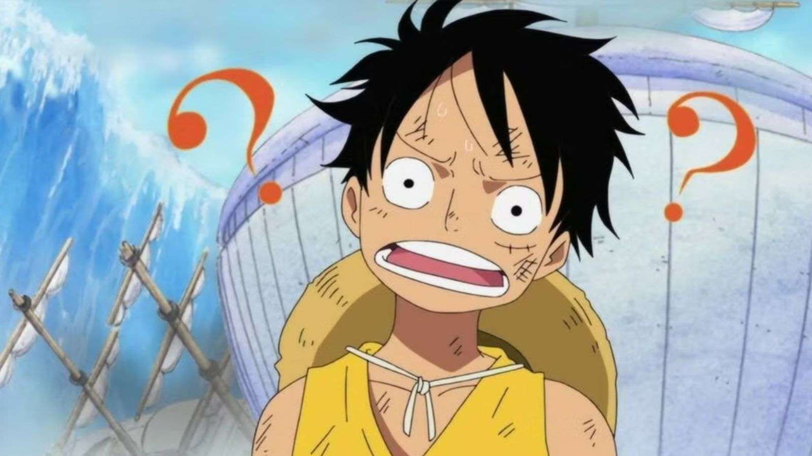 Luffy confus avec point d'interrogation dans One Piece