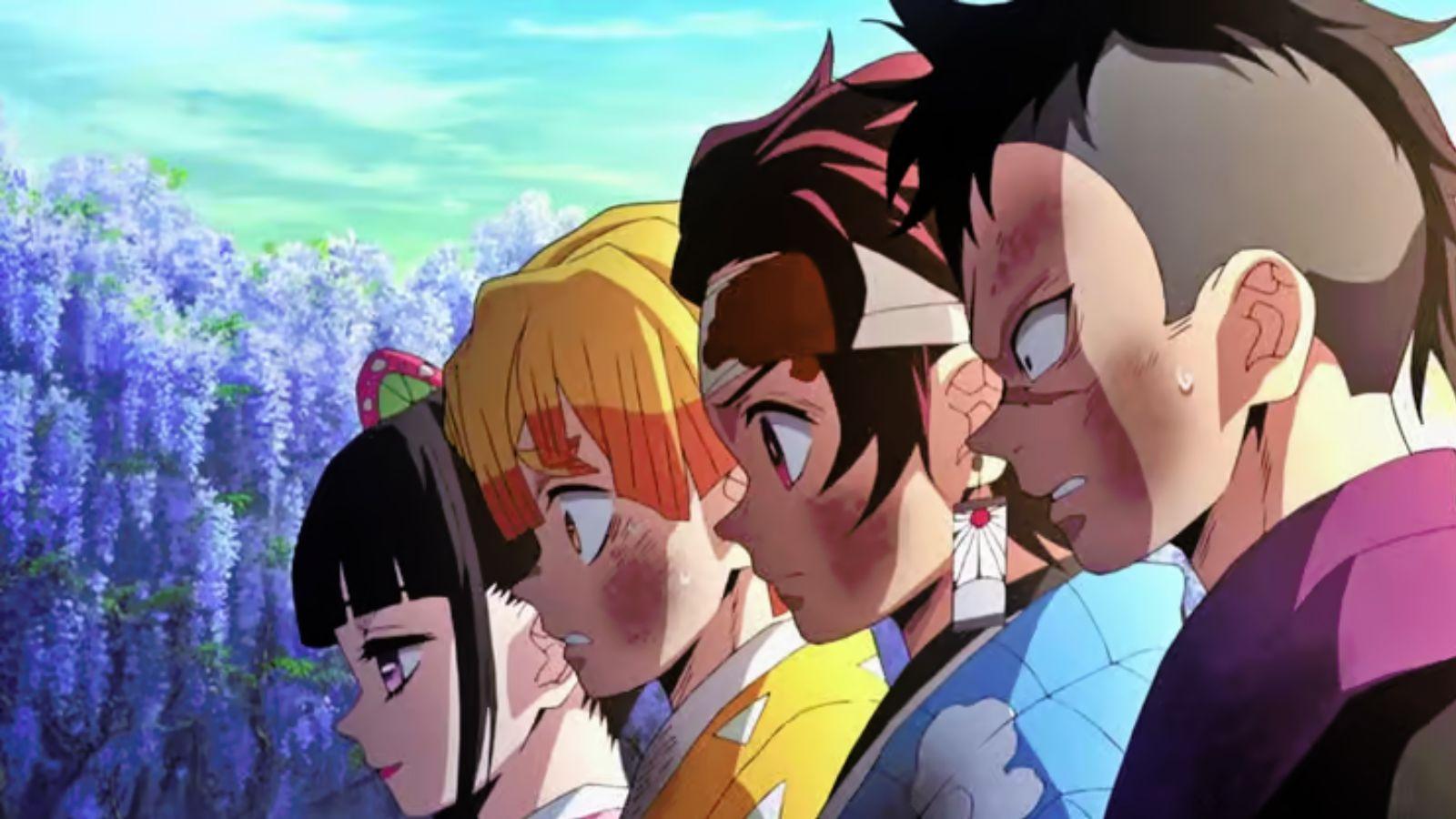 Kanao, Zenitsu, Tanjiro et Genya a la fin de la Sélection Finale dans l'anime Demon Slayer