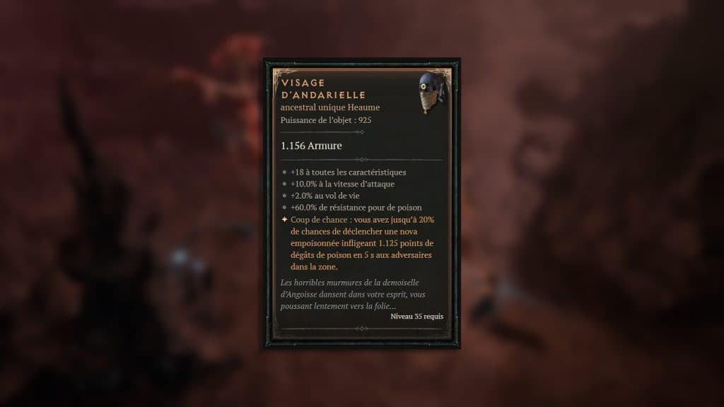 Détails de l'objet le Visage d'Andarielle dans Diablo 4