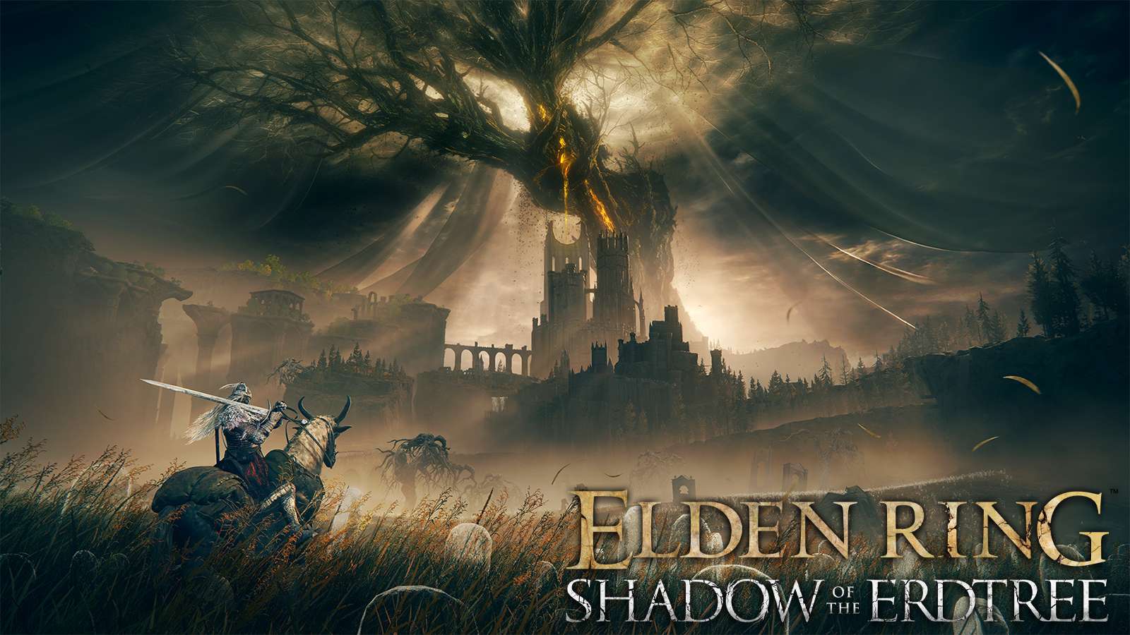Capture d'écran de l'Arbre-Monde avec logo du DLC Elden Ring Shadow of the Erdtree