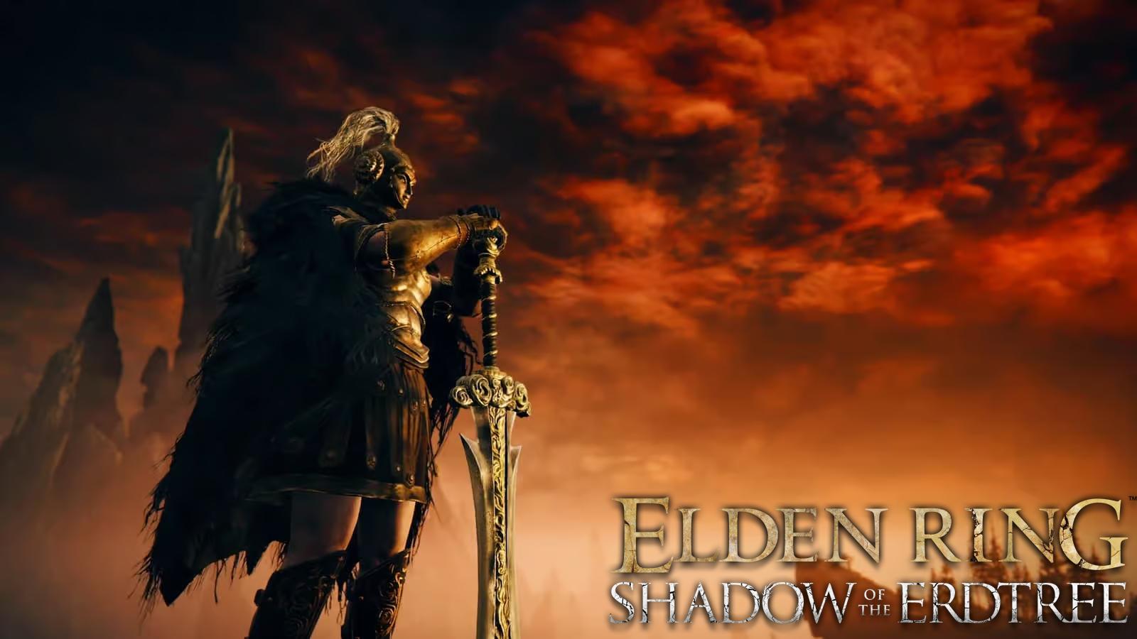 Personnage avec une grande épée dans Elden Ring avec Logo