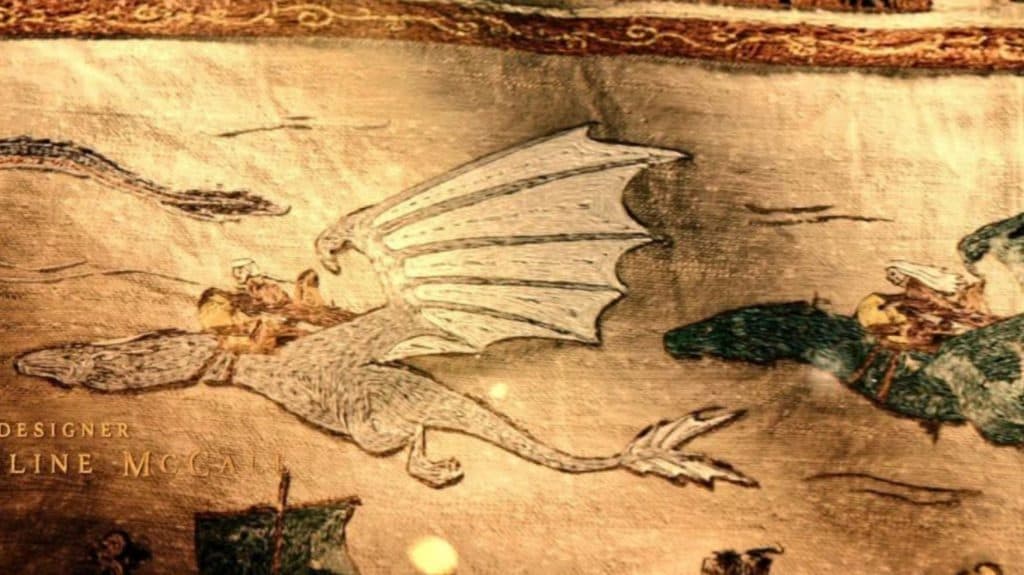 aegon, visenya et rhaenys sur leurs dragons dans la tapisserie du générique de house of the dragon