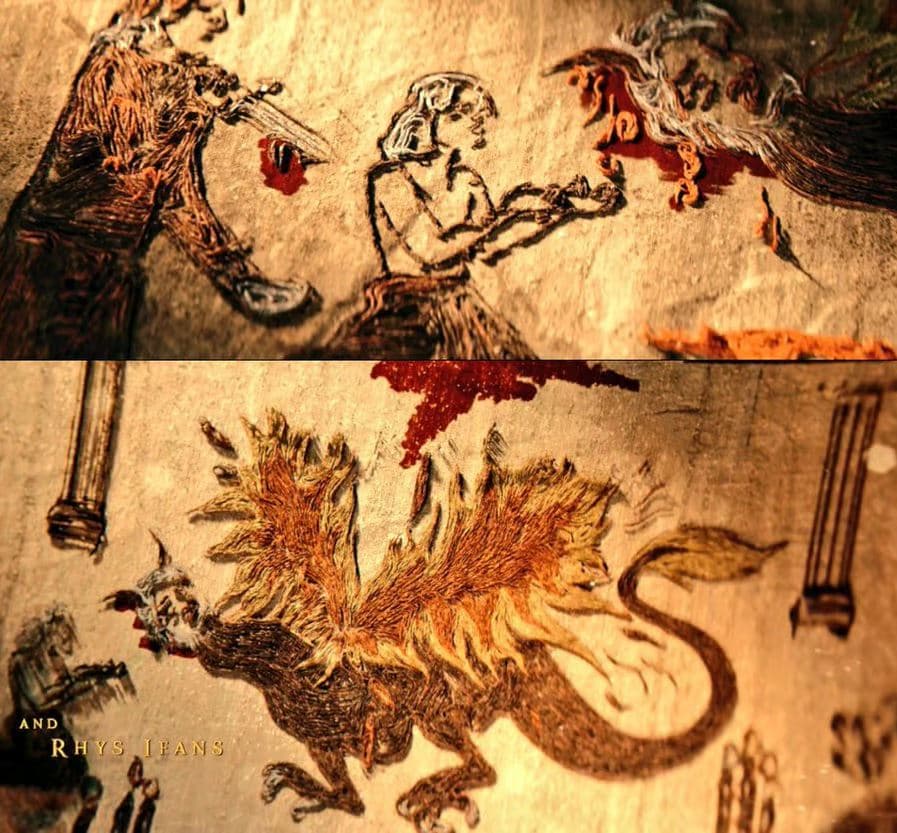 les valyriens prenant le contrôle des dragons dans la tapisserie du générique de house of the dragon