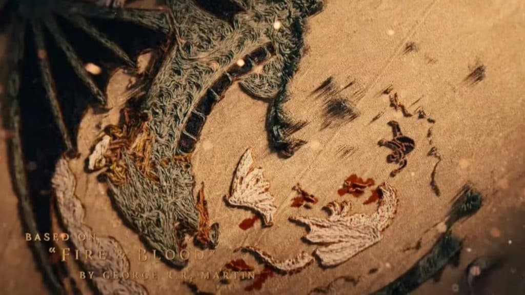 vhagar dévore lucerys et son dragon arrax dans la tapisserie du générique de house of the dragon