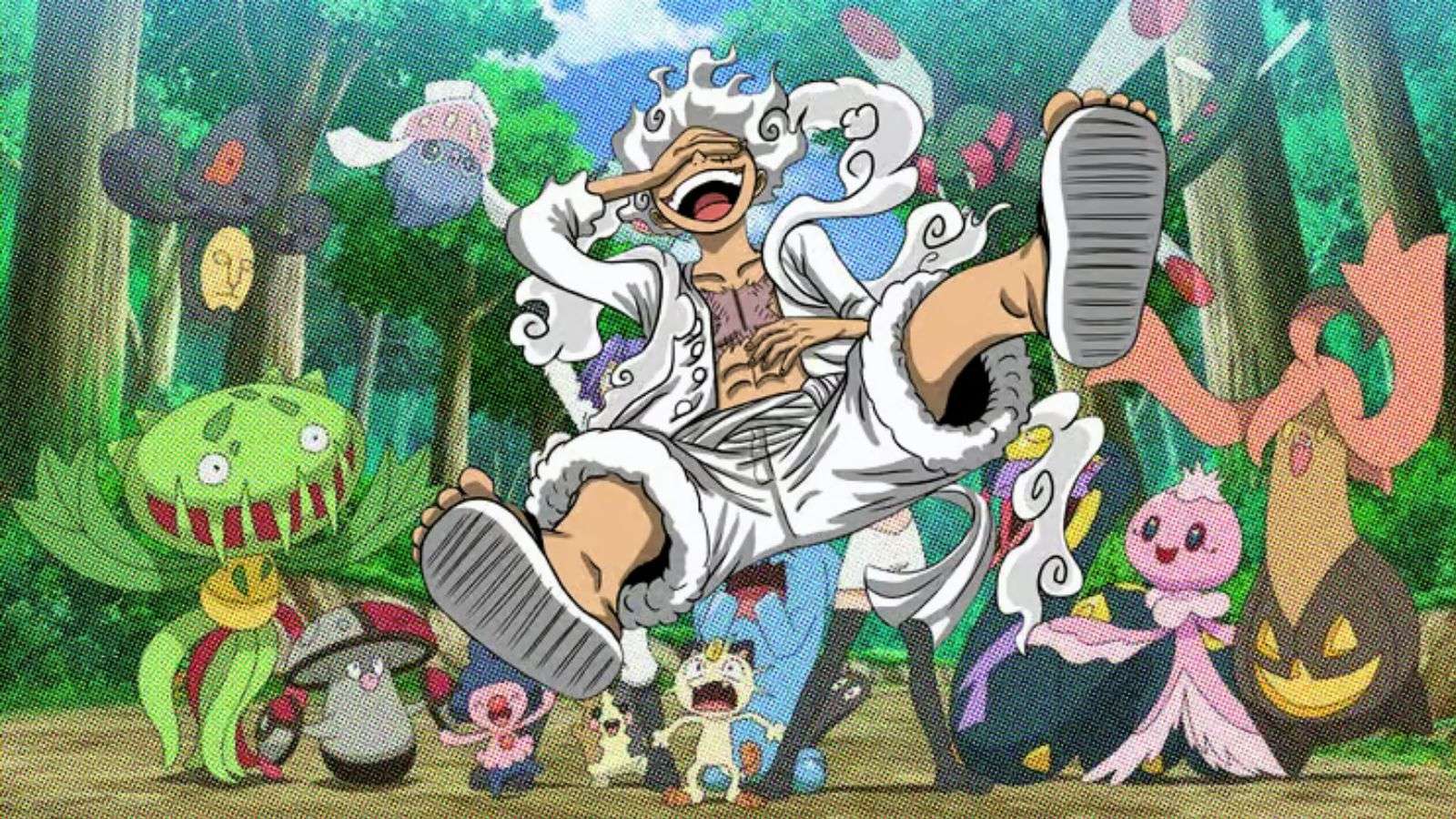 Luffy en Gear 5 de One Piece avec des Pokémon en arrière-plan