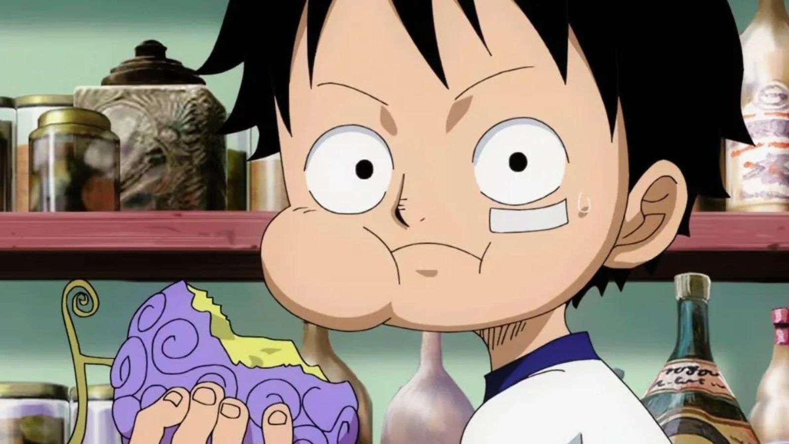 Luffy qui mange le Fruit du Démon Gomu Gomu no Mi dans One Piece