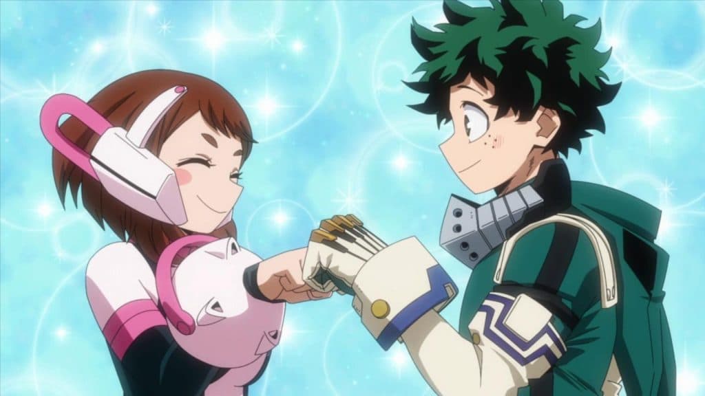 Ochaco Uraraka (Uravity) et Midoriya Izuku (Deku) dans My Hero Academia