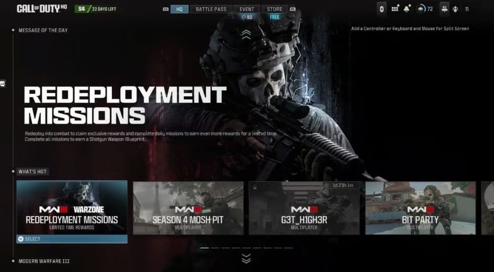 Missions de redéploiement dans le menu de Call of Duty