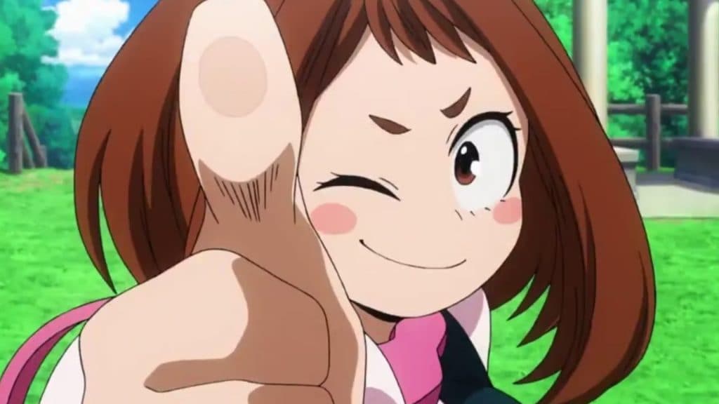 ochaco de my hero academia fait un pouce en l'air et un clin d'œil