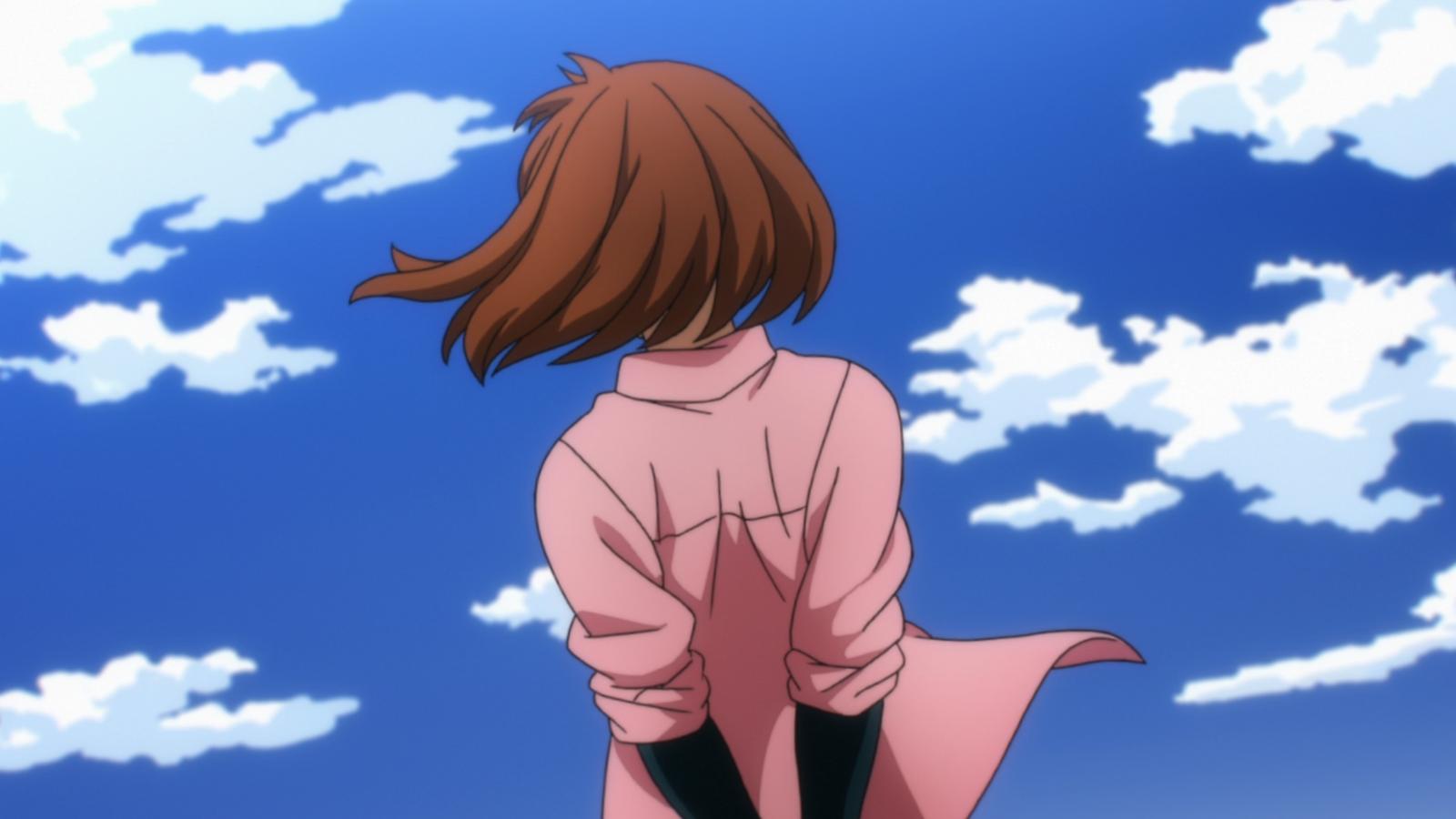 une fille portant une chemise rose (ochaco) regarde le ciel bleu