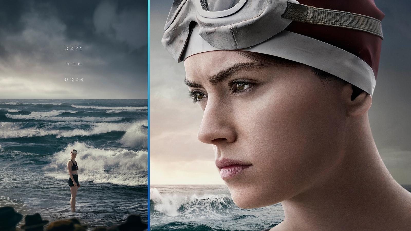 les affiches du film face à la mer : l'histoire de trudy ederle, montrant une femme en tenue de natation face à la mer