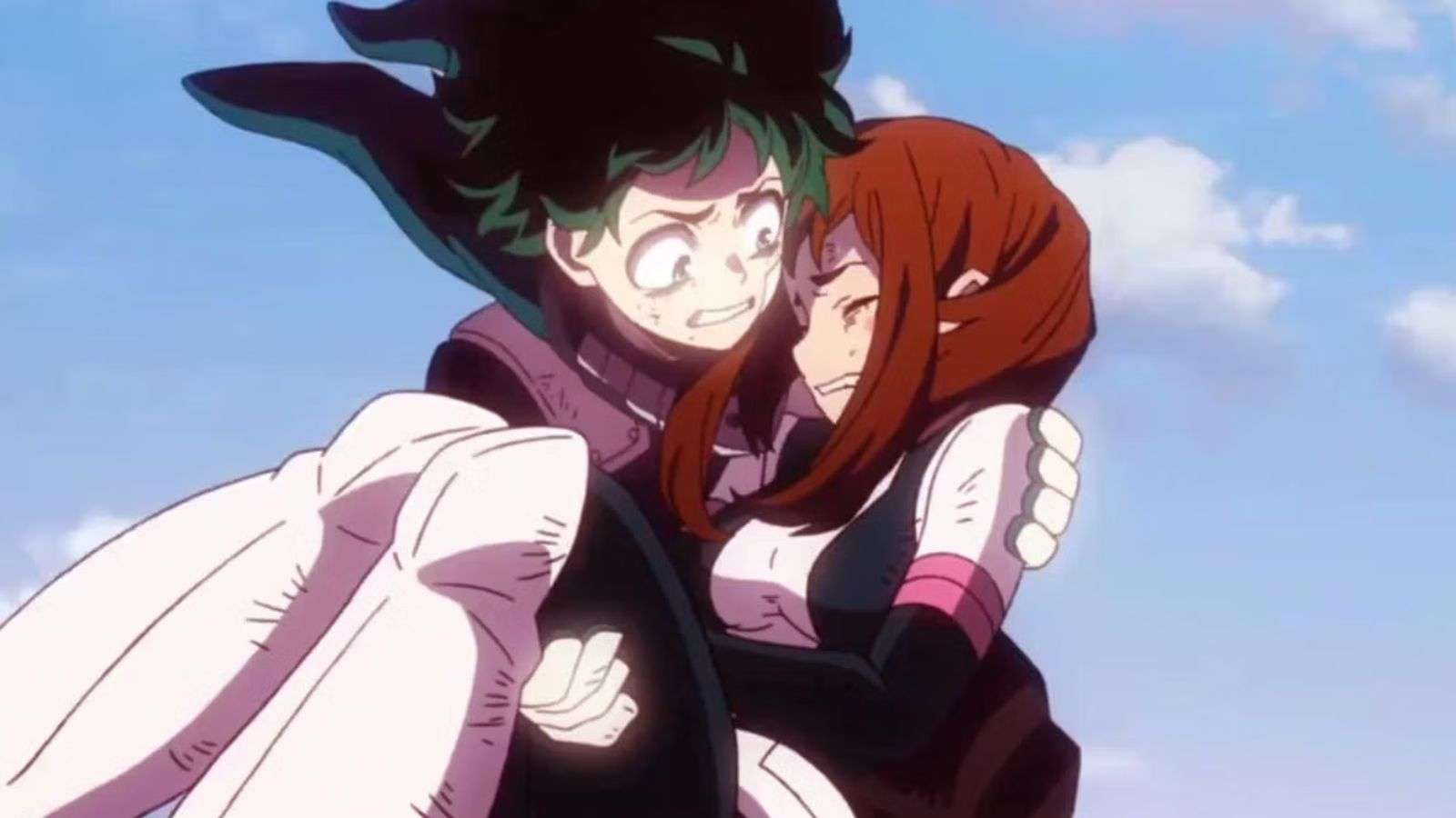 Deku qui porte Ochaco dans My Hero Academia