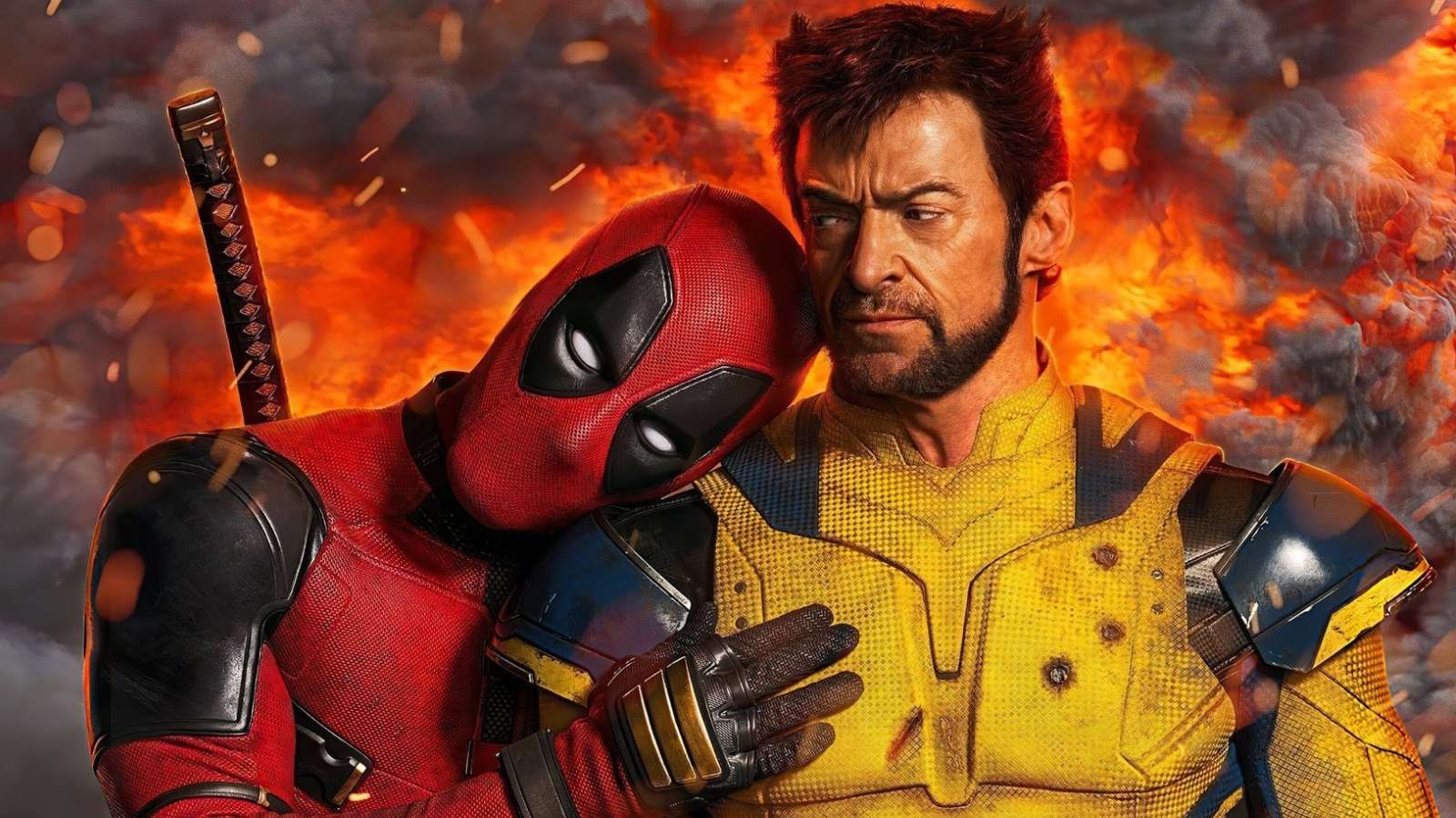 deadpool fait un câlin à wolverine sur fond d'explosion