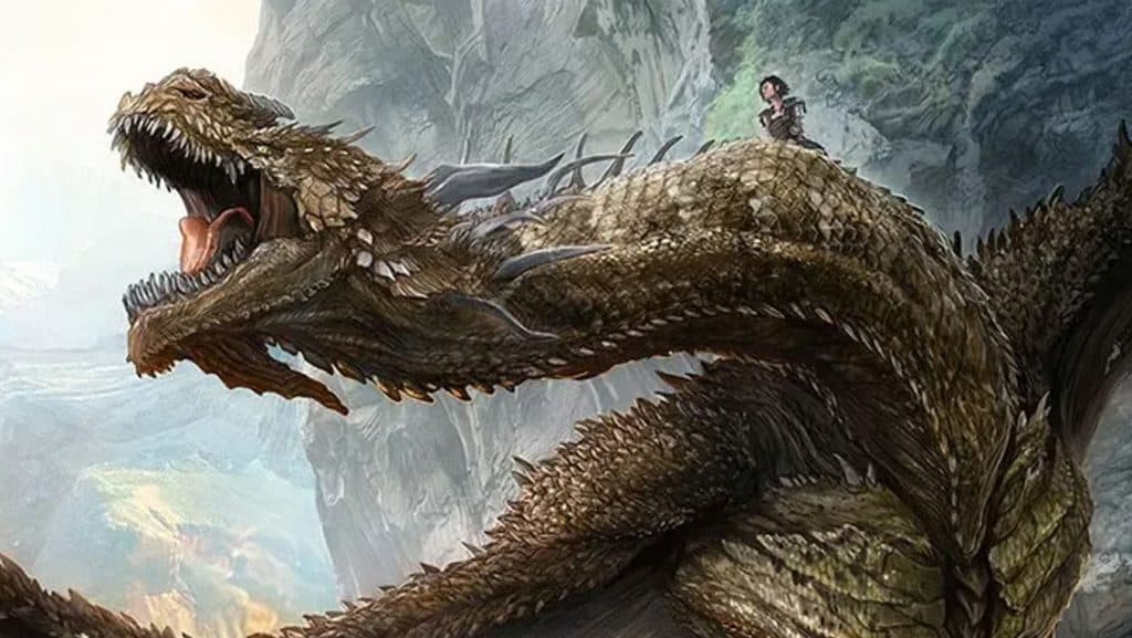 un immense dragon brun monté par une fille dans un paysage montagneux