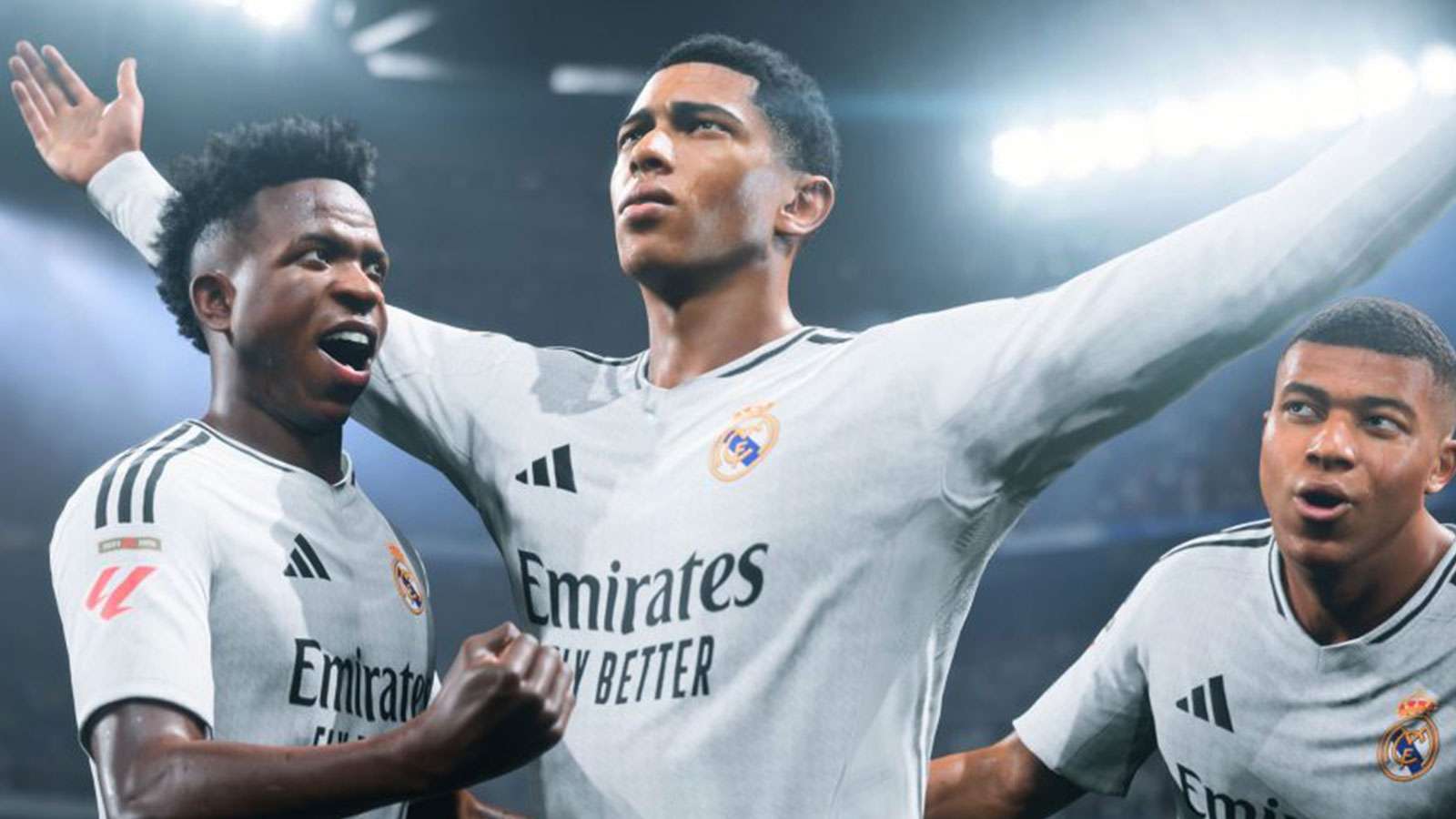 Jude Bellingham célébrant un but avec Vinicius Jr et Kylian Mbappé dans EA FC 25