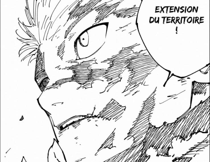 gros plan sur yuji de jujutsu kaisen, couvert de blessures, disant "extension du territoire"