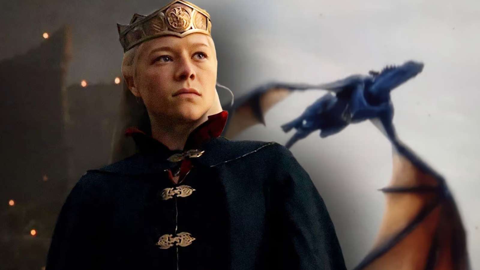 la reine rhaenyra se tient au premier plan et le dragon bleu tessarion en arrière-plan