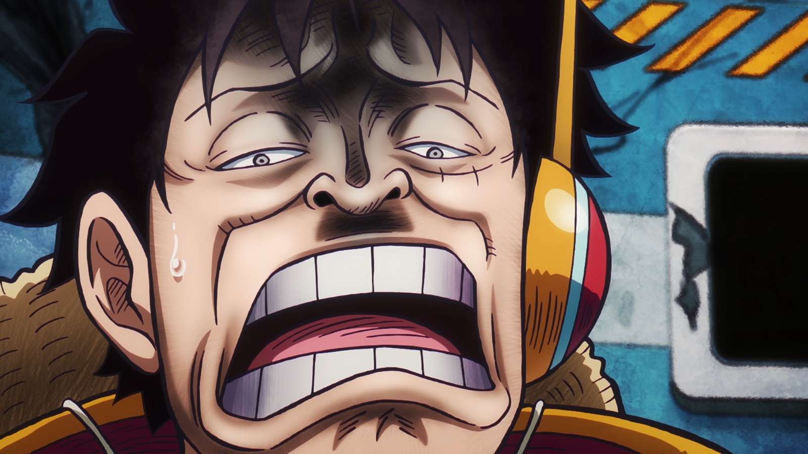 gros plan sur le visage de luffy dégoûté dans one piece