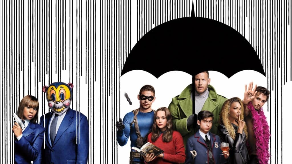 hazel et chacha et les membres de la umbrella academy sous un parapluie