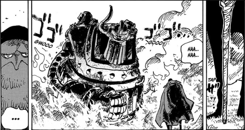 trois cases de manga montrant le robot géant emeth et le doyen saturn dans one piece