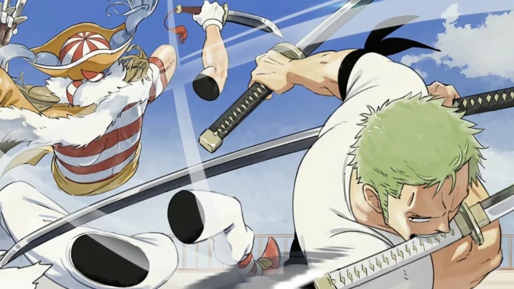 zoro qui tranche dans buggy séparant son corps en plusieurs morceaux