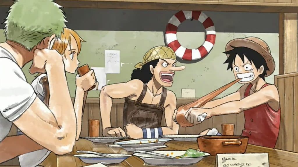 zoro, nami, usopp et luffy à table dans one piece