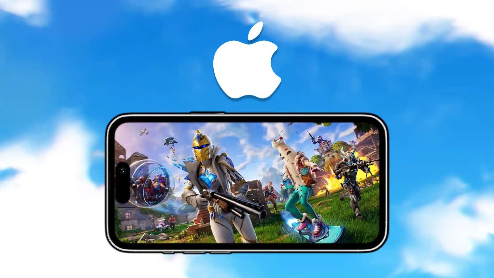 Fortnite sur un écran mobile et le logo Iphone