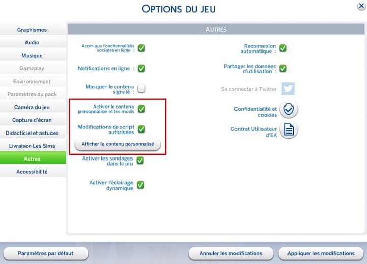 Menu Mods dans Les Sims 4