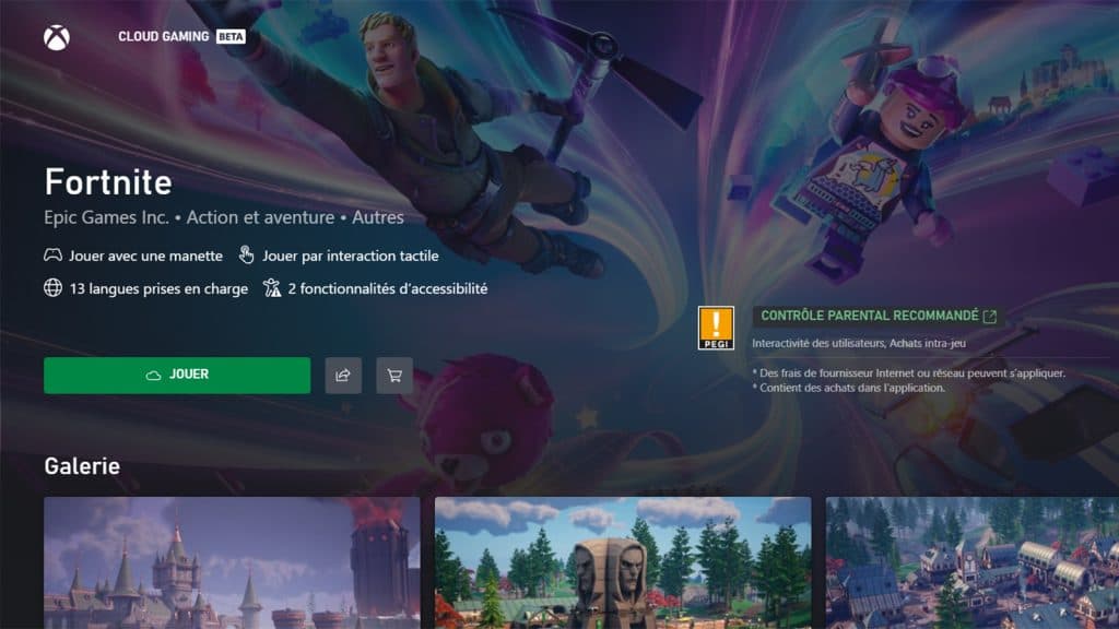 Page Fortnite sur le XCloud