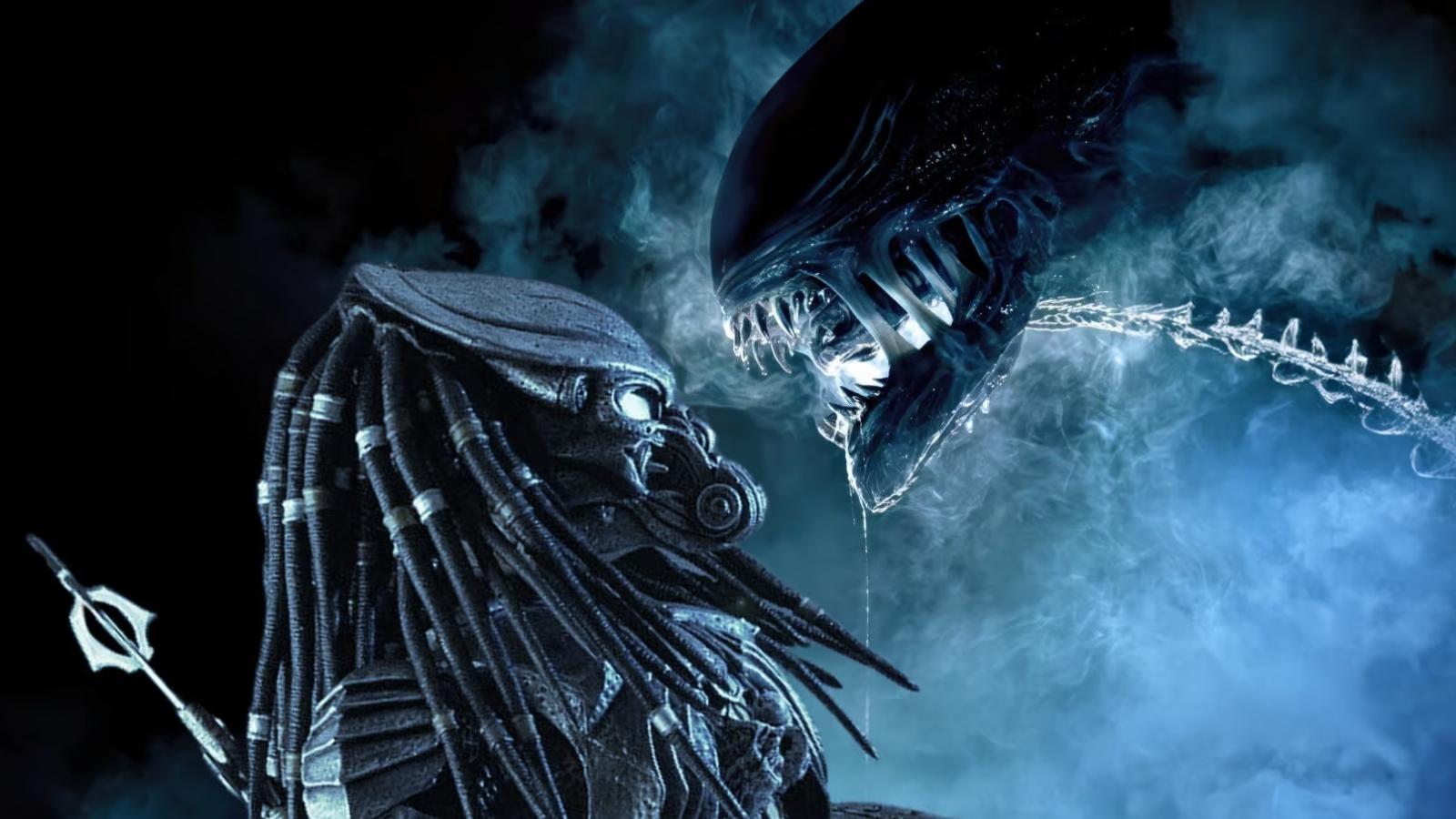 un xénomorphe menace un yautja de predator dans la pénombre