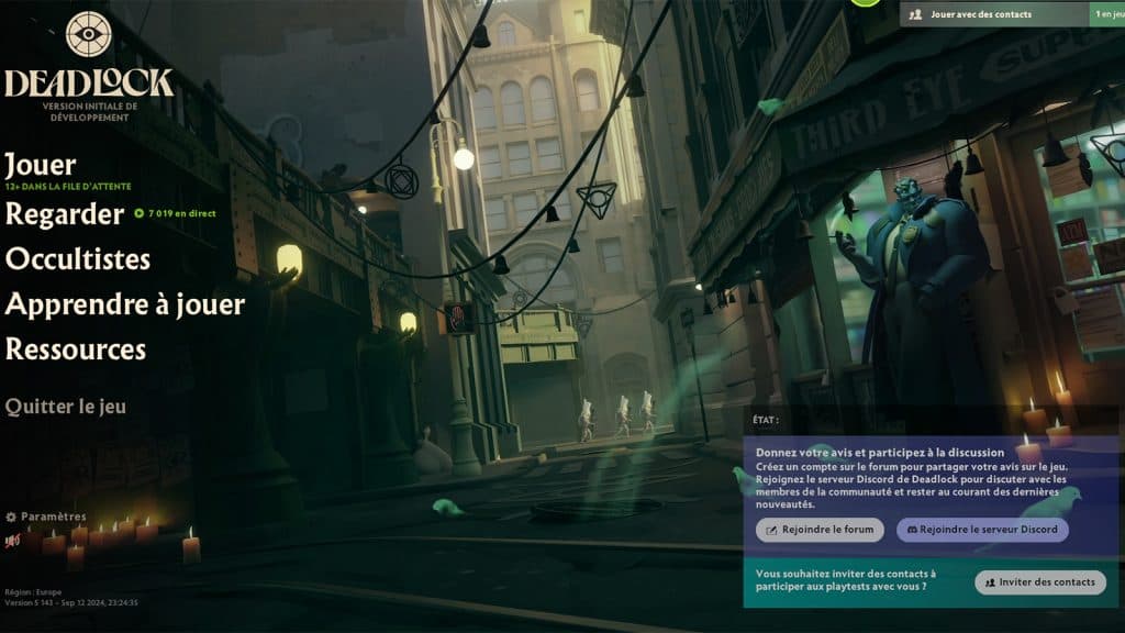 Une image du menu principal de Deadlock avec l'invite à inviter des amis.