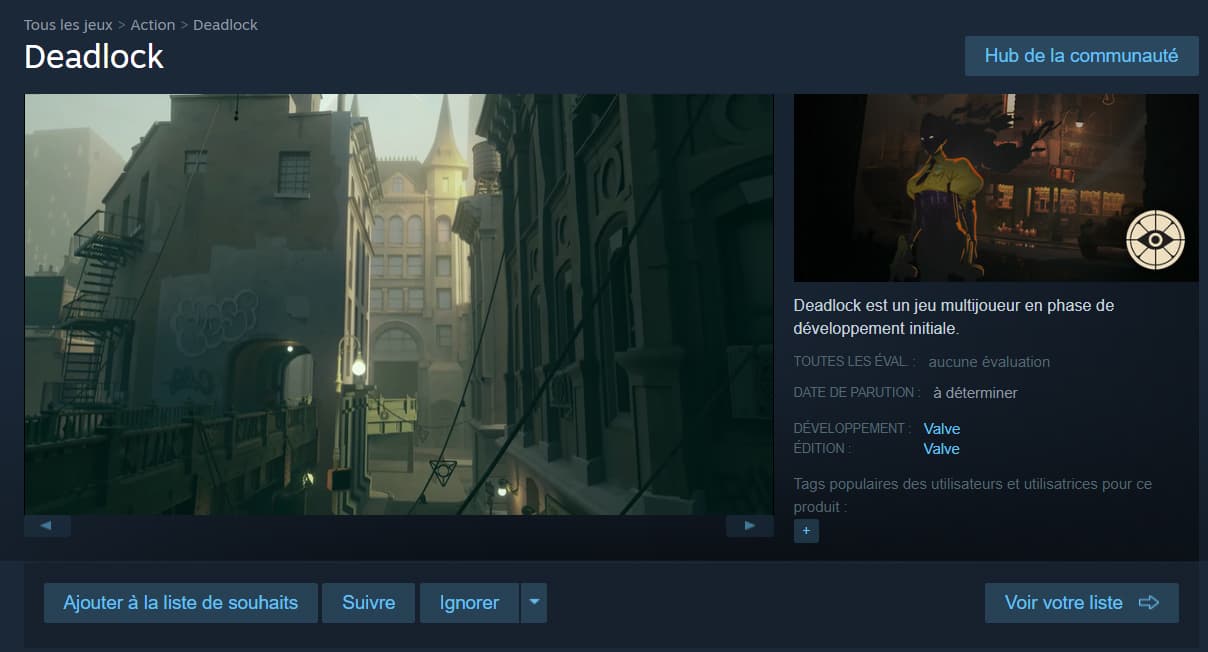 Page de magasin du jeu Deadlock sur Steam