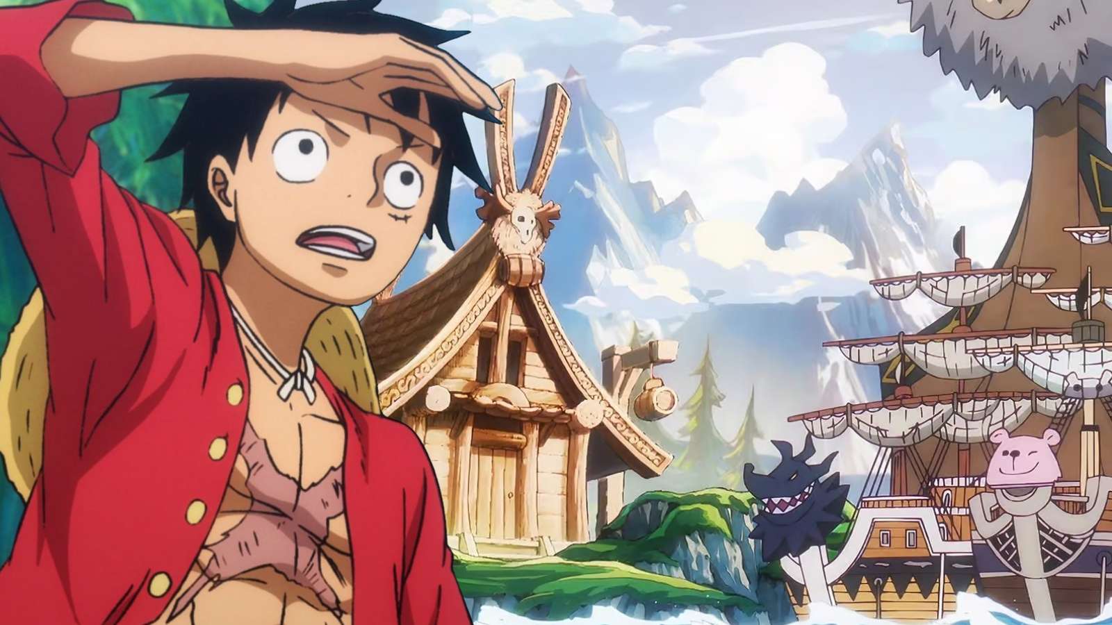 luffy regarde au loin, un paysage montagneux d'erbaf se dessinant au second plan