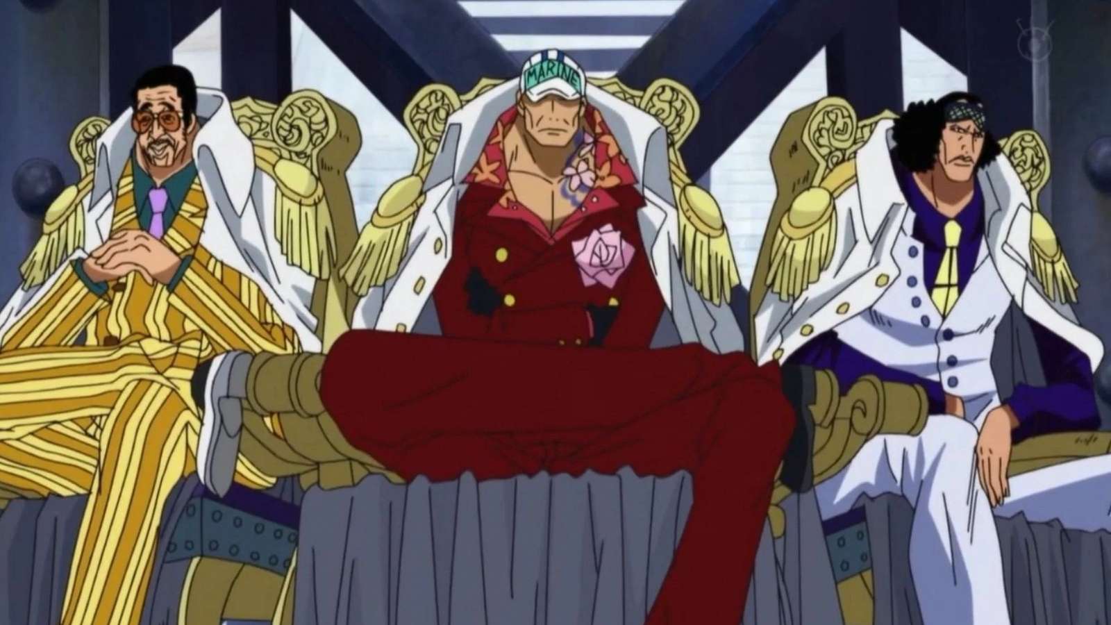 les trois amiraux de la marine en uniforme et assis dans one piece