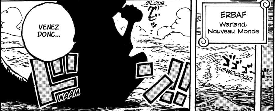 "sur les côtes d'erbaf dans one piece, une silhouette mystérieuse boit quelque chose en disant "venez