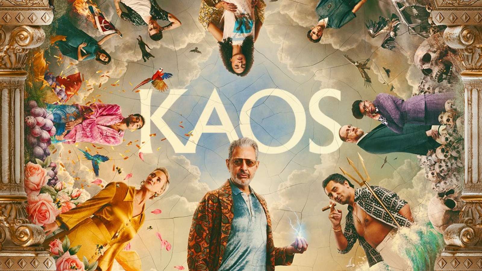 tous les personnages de kaos gravitant autour de zeus dans le visuel clé de la série