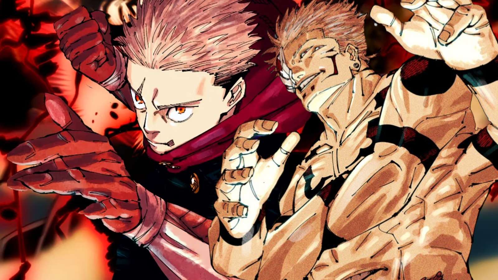 yuji en position de combat et sukuna qui croise les bras dans jujutsu kaisen