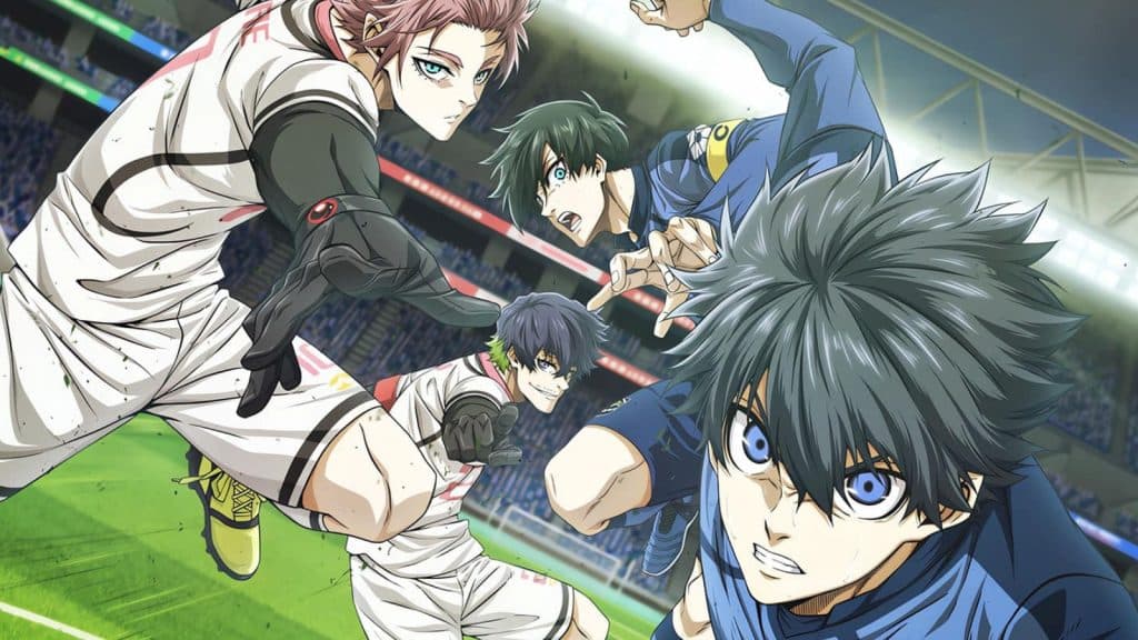 les personnages de blue lock en pleine action sur le terrain de foot