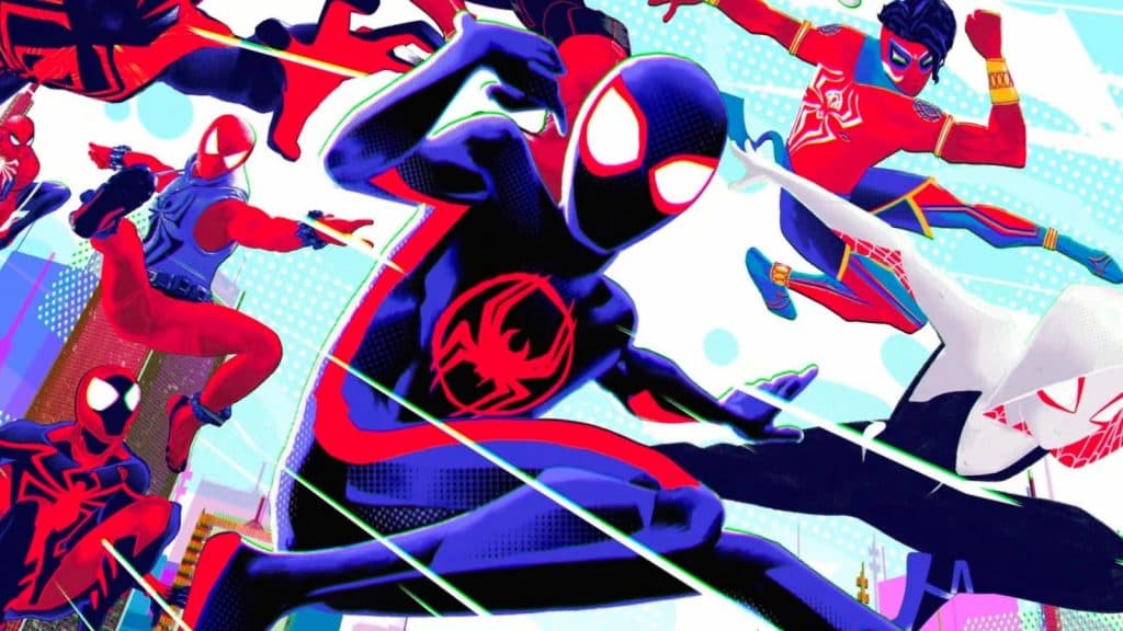 les différents spider-men en mouvement dans les airs dans spider-man across the spider-verse