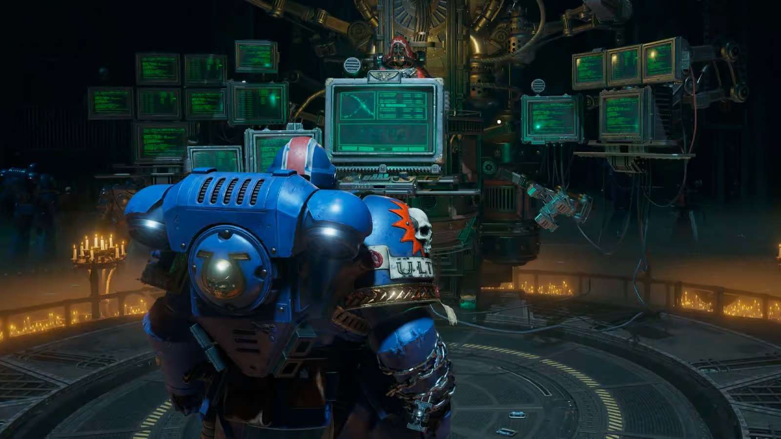 Soldat devant des écrans dans Space Marine 2