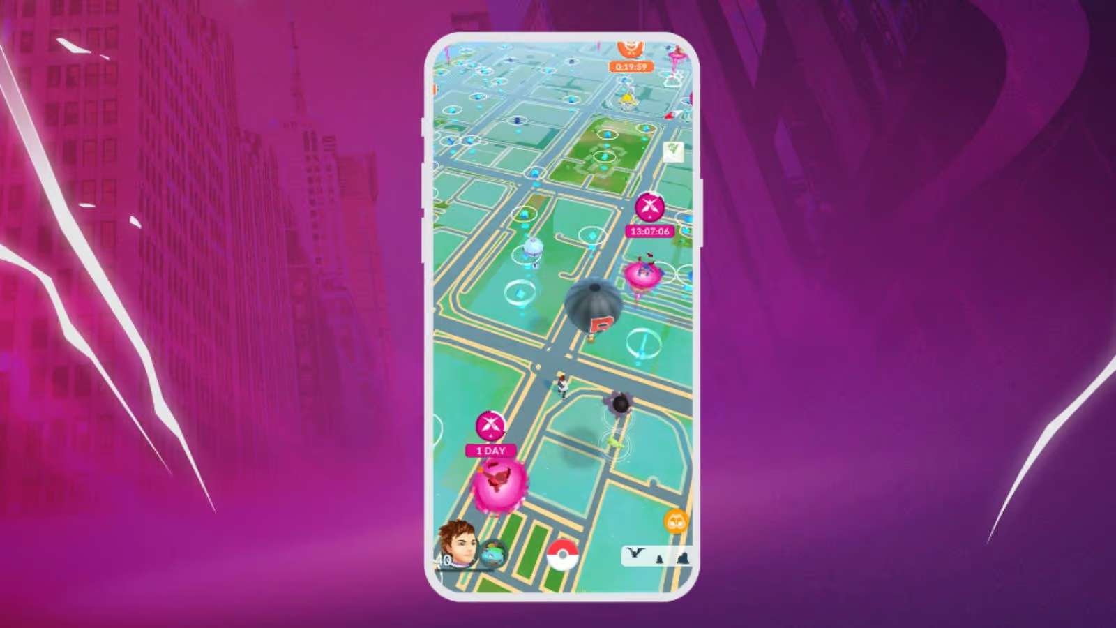 Pokémon Go dans un écran de smartphone sur fond rose.