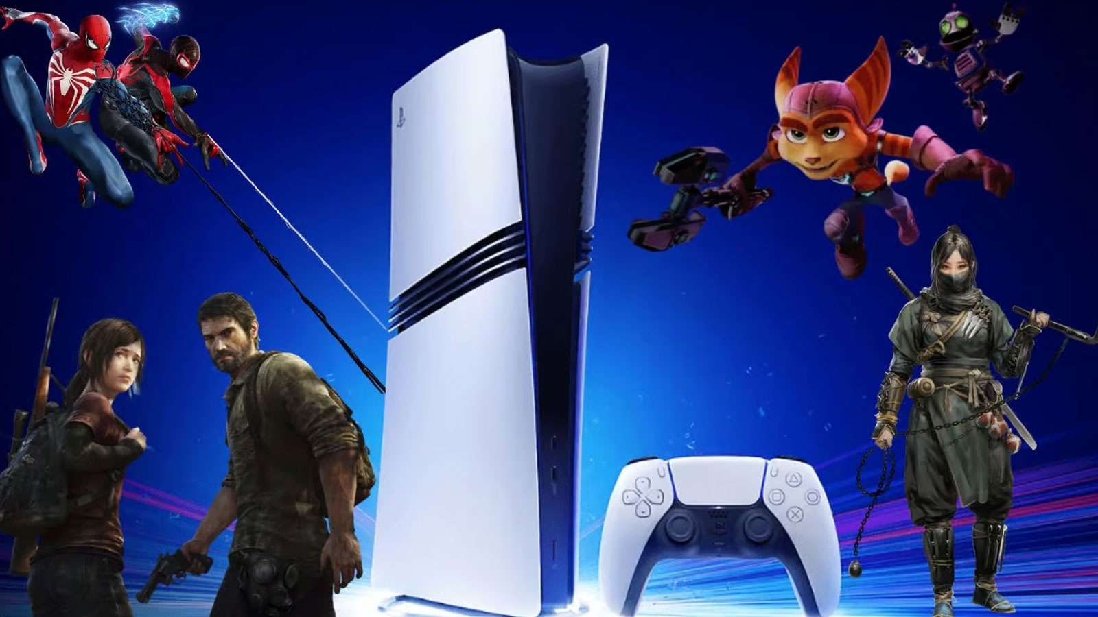 PS5 Pro avec différents jeux comme Spider-Man 2, The Last of Us, Ratchet and Clank