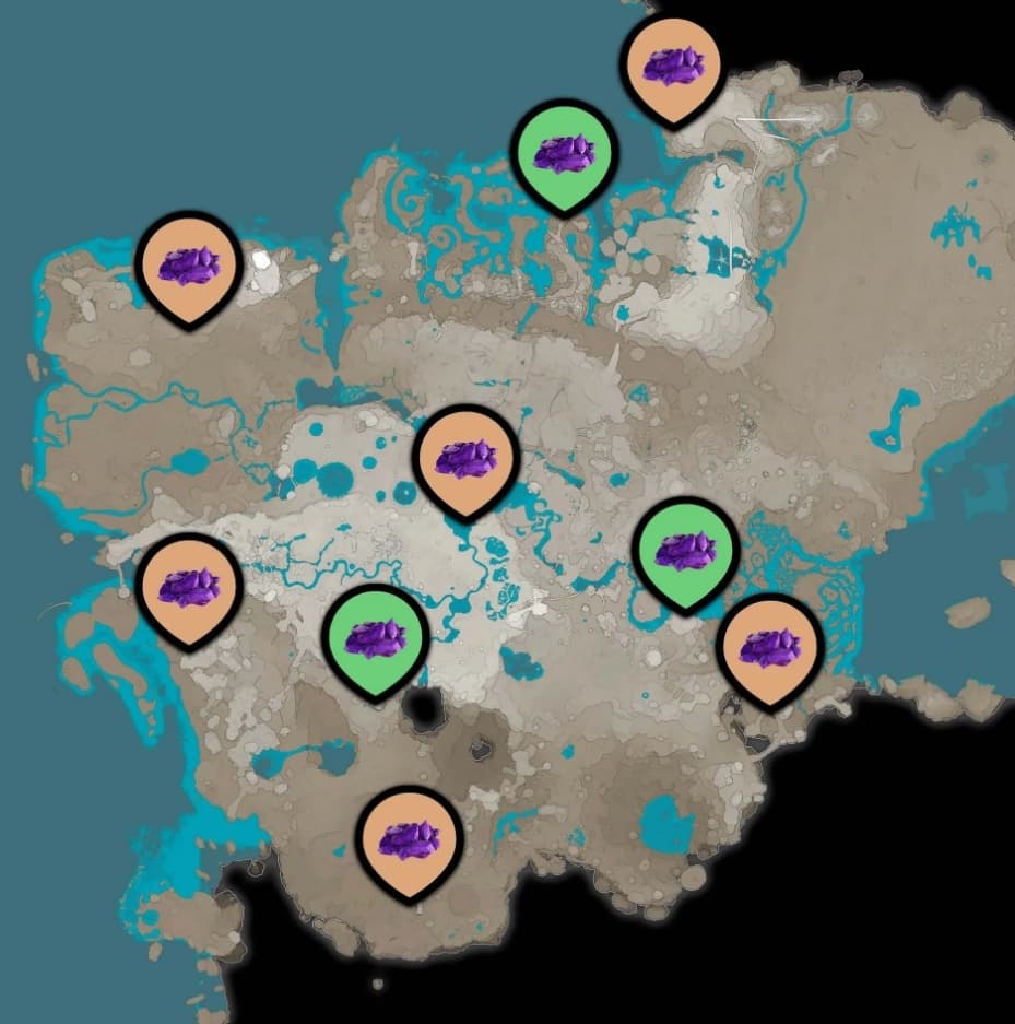 Emplacements minerai E.M.E. sur la carte de Satisfactory